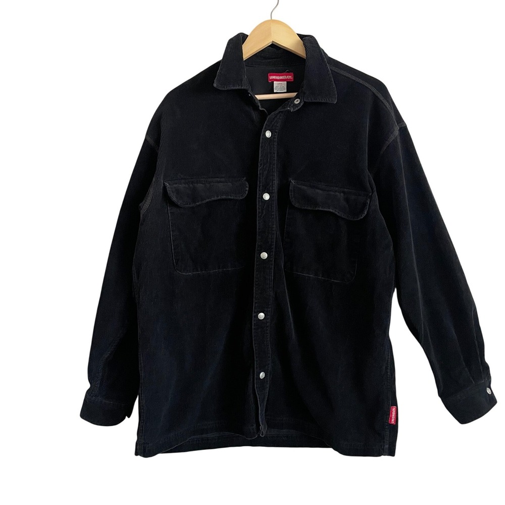VTG‎ 90s Indie Grunge Mens Black Corduroy Shacket Large Y2K Snap Patch Pocket